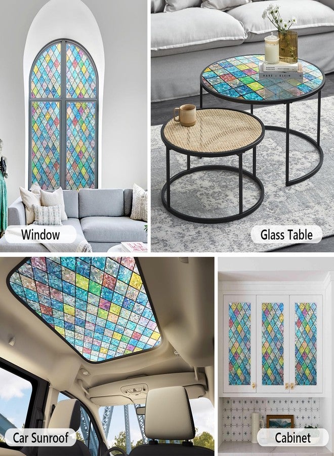 LEMON CLOUD Stained Glass Window Film,Rainbow Window Privacy Film,Colorful Decorative Window Film,Static Cling Window Covering Film for Home (Lattice,17.5 x 78.7 Inch) - Image 5