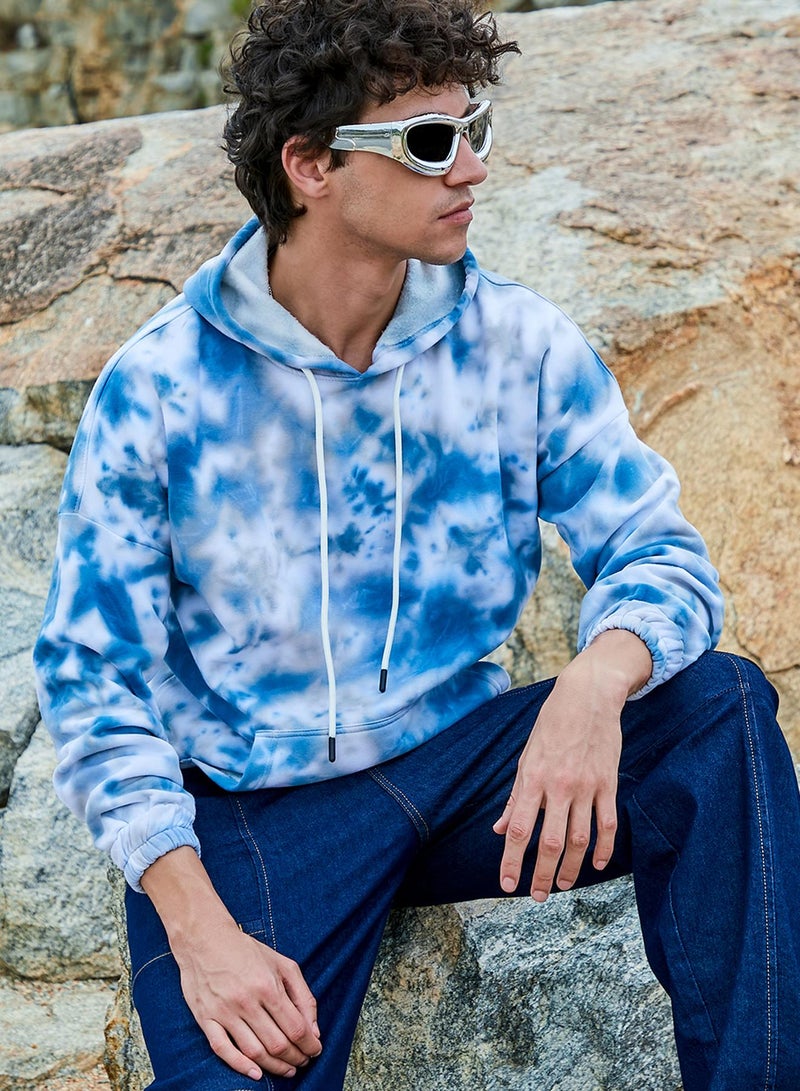 Campus Sutra Men's White & Indigo Blue Tie-Dye Oversized Hoodie With Kangaroo Pocket - Image 1
