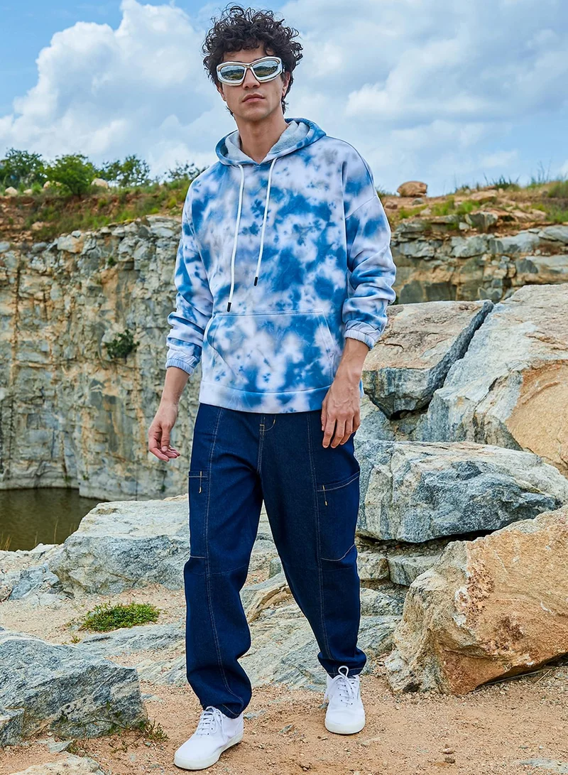 كامبوس سوترا Men's White & Indigo Blue Tie-Dye Oversized Hoodie With Kangaroo Pocket