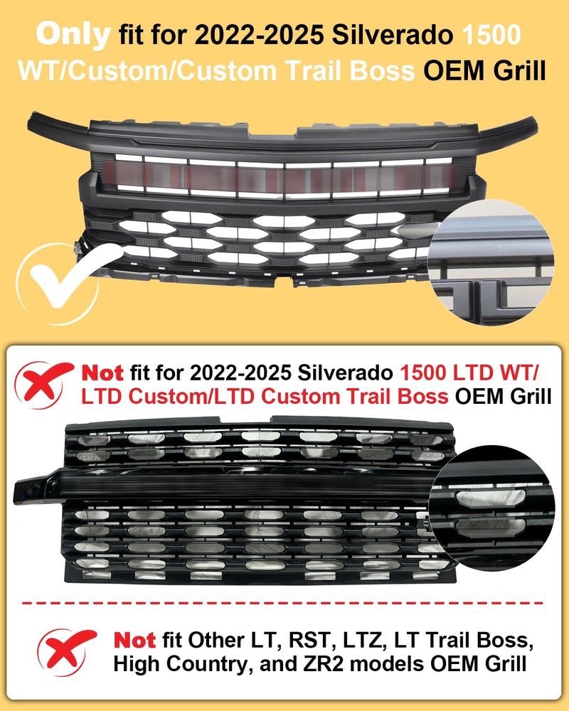 OKLSG LED Front Bumper Grill Lights for Chevrolet Silverado 1500 2022-2024 2025 Raptor Marker Lights Bars fit WT Custom OEM Grille Accessories (White) - Image 2
