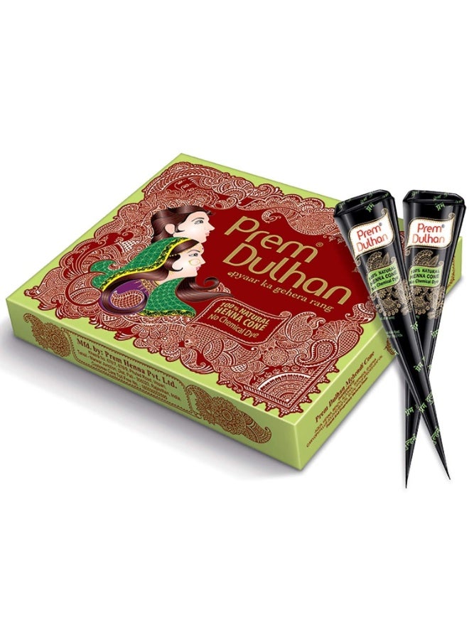 Prem Dulhan Mehendi Cone 12pc in 1 box, 100% Pure Leaf Of Natural Henna No Chemicals, No PPD, Green & Cone Black(Pack of 1) - Image 1