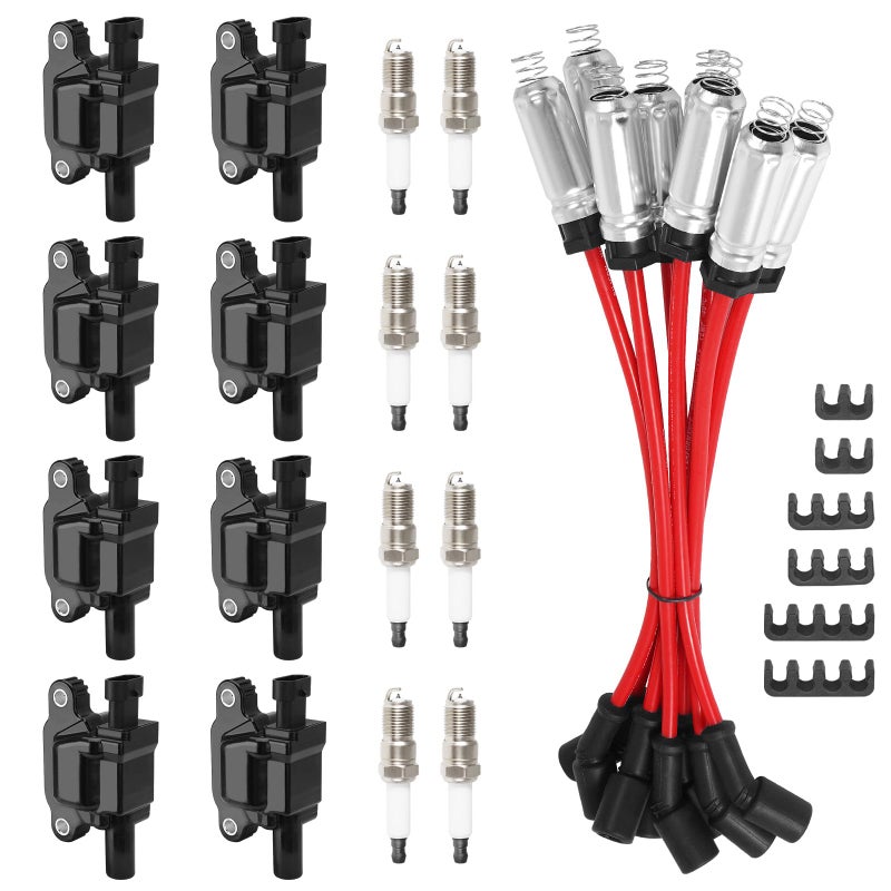 TEMSONE 8Pcs UF413 Square Ignition Coils with M848322R 8mm Spark Plug Wires Set 41962 Platinum Spark Plugs Compatible with Chevy Silverado Cadillac Escalade Buick GMC Sierra 48L 53L 60L 62L