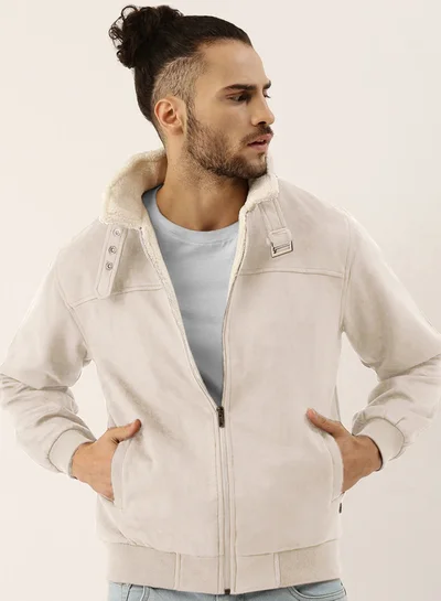 Campus Sutra Men's Off-White Fur-Lined Suede Bomber Jacket