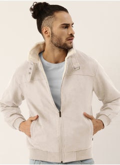 Campus Sutra Men's Off-White Fur-Lined Suede Bomber Jacket  - Image 1