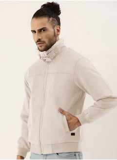Campus Sutra Men's Off-White Fur-Lined Suede Bomber Jacket  - Image 3