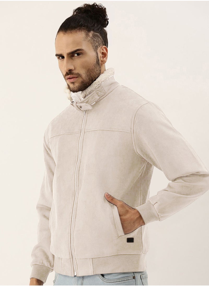 كامبوس سوترا Men's Off-White Fur-Lined Suede Bomber Jacket  - Image 3