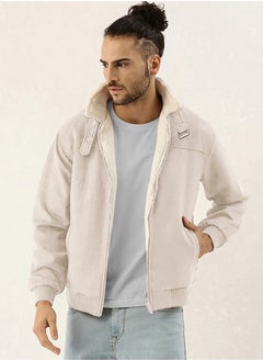 Campus Sutra Men's Off-White Fur-Lined Suede Bomber Jacket  - Image 2