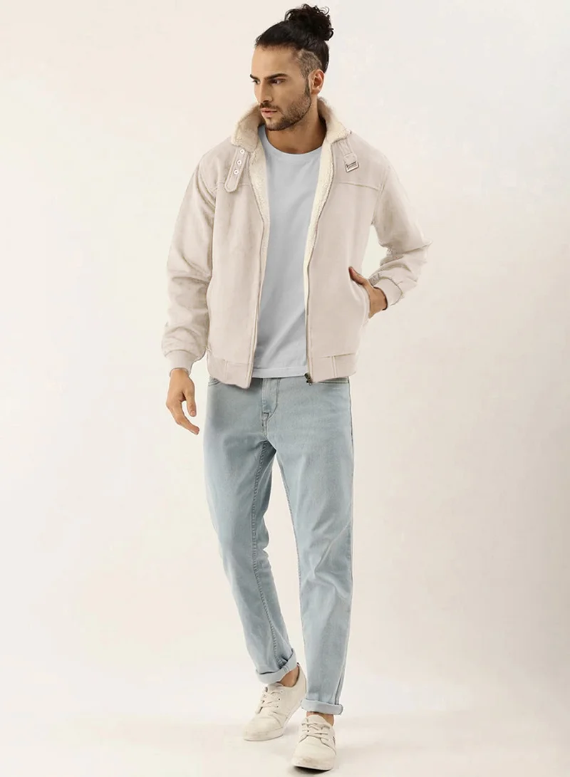 كامبوس سوترا Men's Off-White Fur-Lined Suede Bomber Jacket