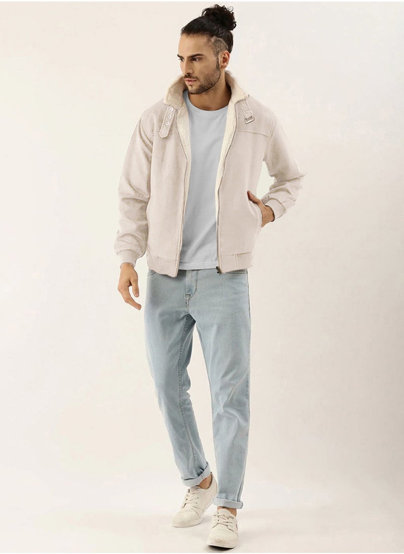 كامبوس سوترا - Men's Off-White Fur-Lined Suede Bomber Jacket - Image 1