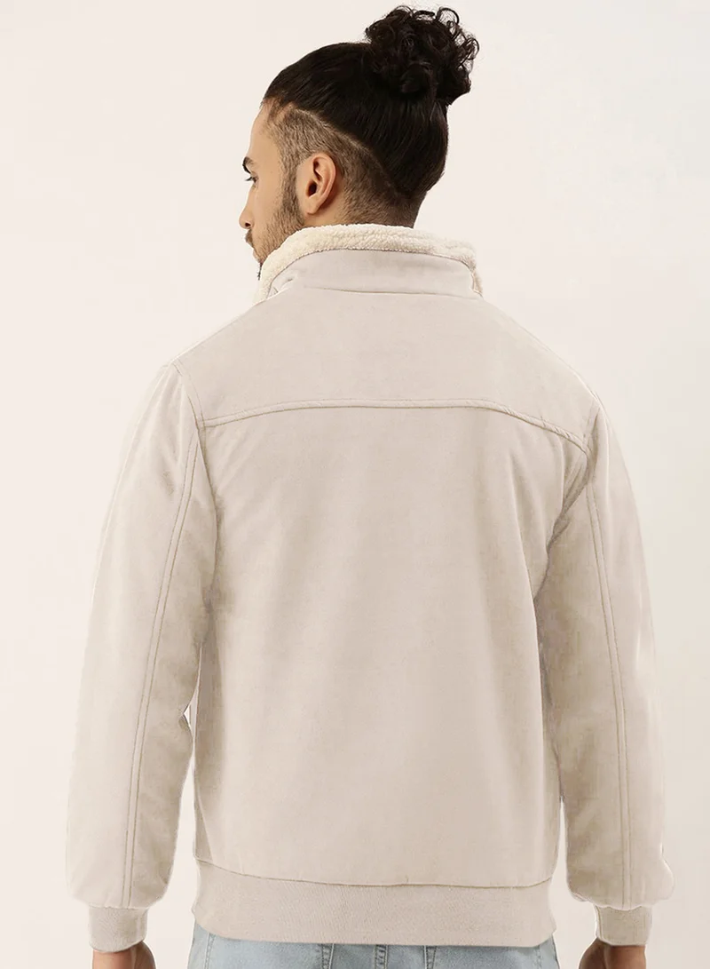 كامبوس سوترا Men's Off-White Fur-Lined Suede Bomber Jacket