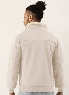 Campus Sutra Men's Off-White Fur-Lined Suede Bomber Jacket  - Image 5
