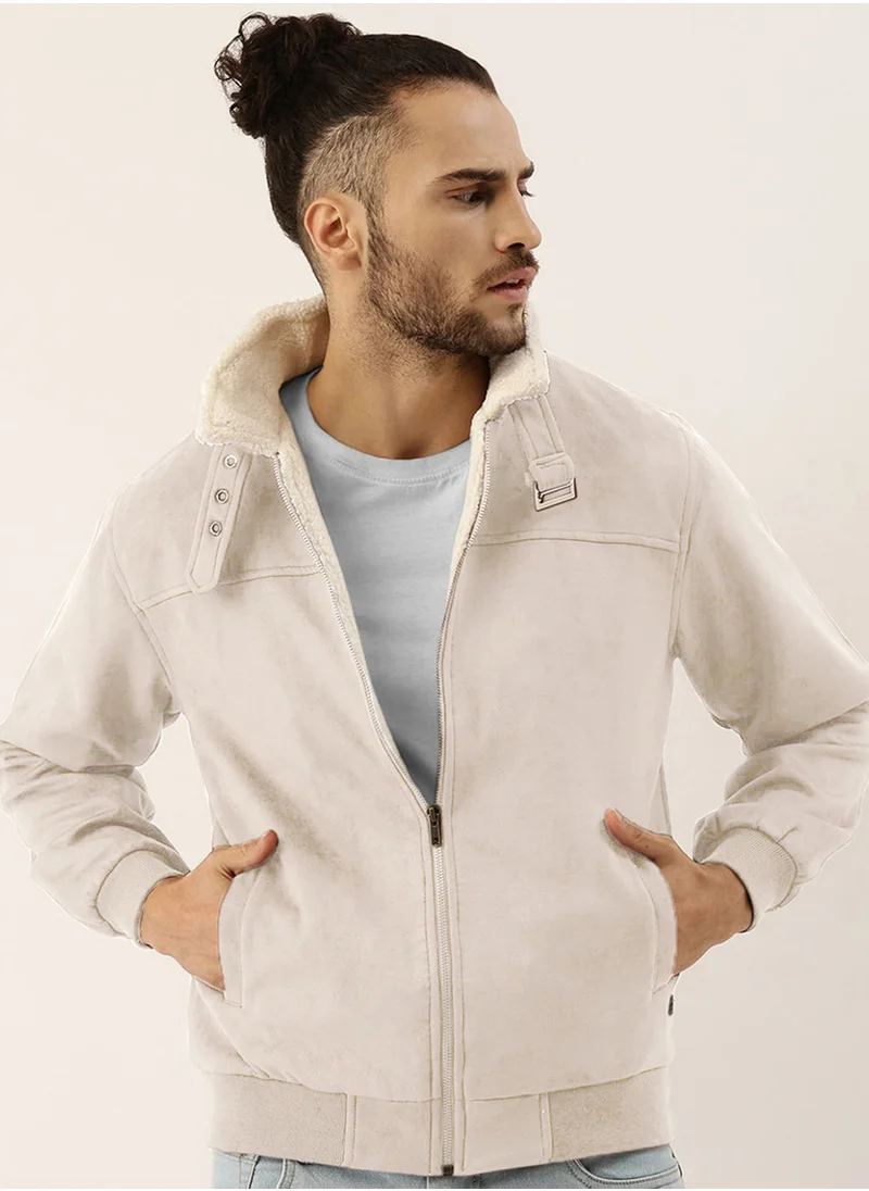 Campus Sutra Men's Off-White Fur-Lined Suede Bomber Jacket