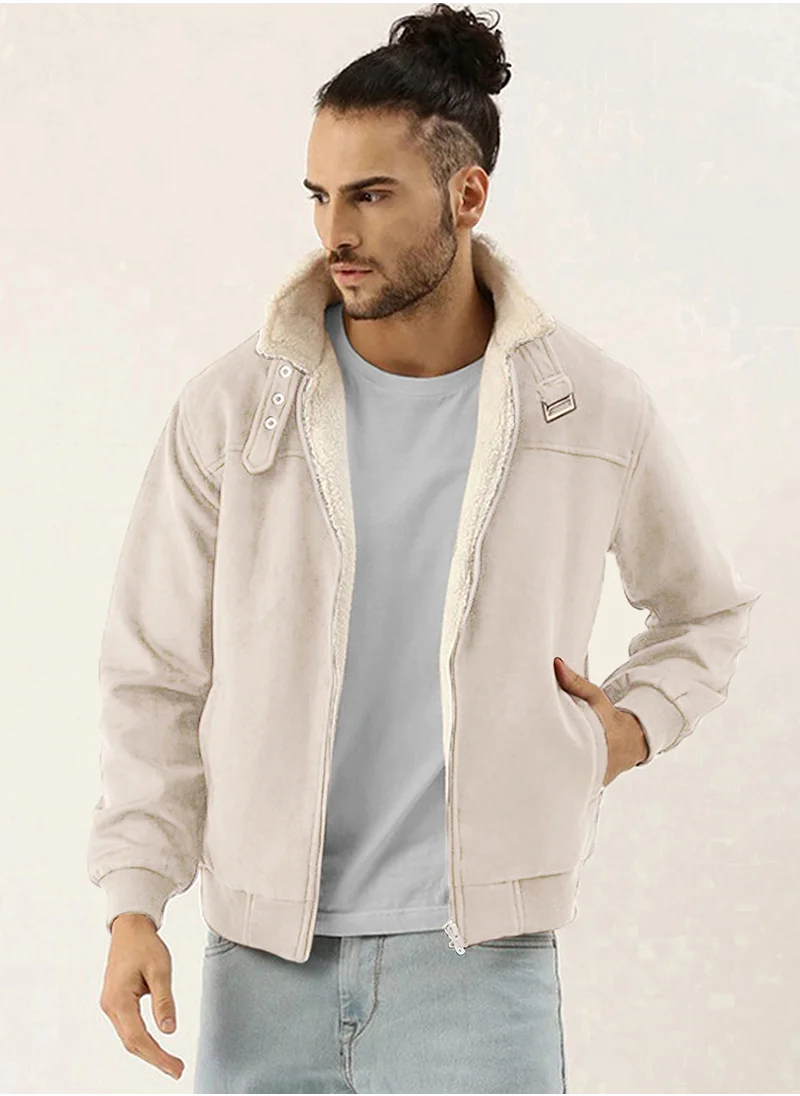 Campus Sutra Men's Off-White Fur-Lined Suede Bomber Jacket