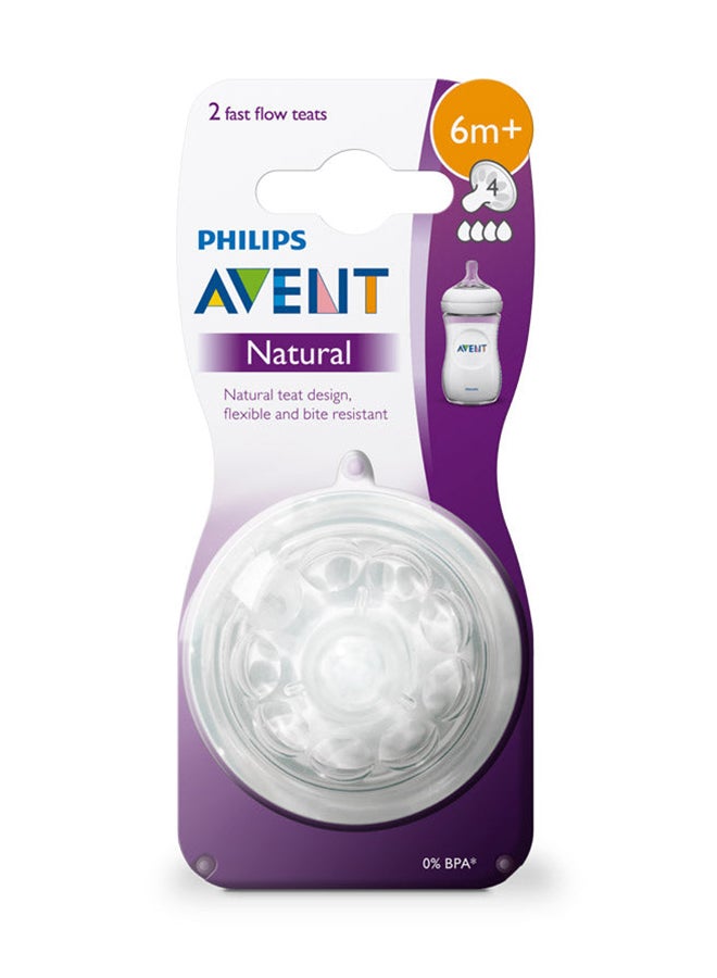 Philips Avent Pack Of 2 Fast Flow Flexible And Bite Resistant Natural Teats For Baby, 6+ Month - Clear