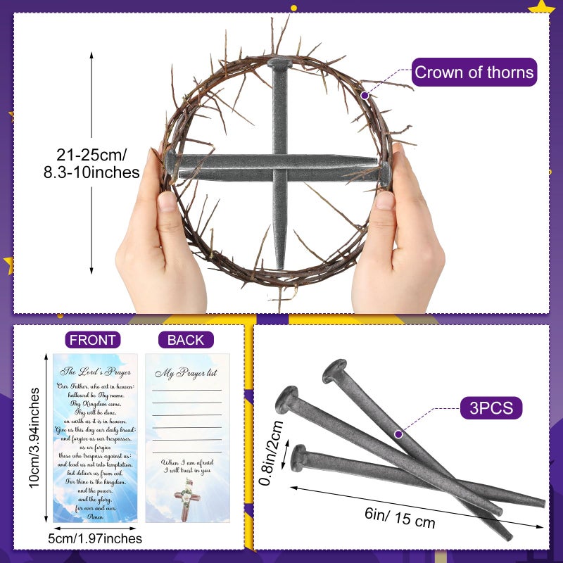 Sosation 5 Pieces Crown of Thorns Set Include 1 PC Christian Jesus 8 in Crown of Thorn and 3 Pcs Crucifixion Nails with Prayer Request Card for Easter Jesus Christ Decor - Image 2