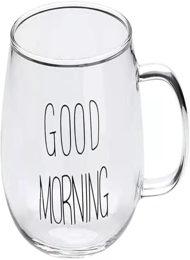 Spaceshoop Good Morning Glass Coffee Cups, Clear Cute Glasses Mug Tumbler, for Tea, Coffee, Juice, Hot Drinks, Beverages, Water, Milk, Cappuccino, from Stellar Stores