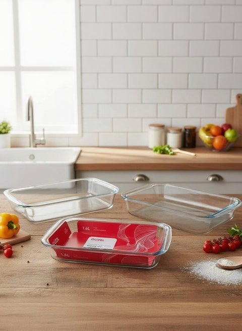 3-Piece Rectangular Glass Oven Baking Dish Set, Sizes Small 1.0L, Medium 1.6L, Large 2.2L