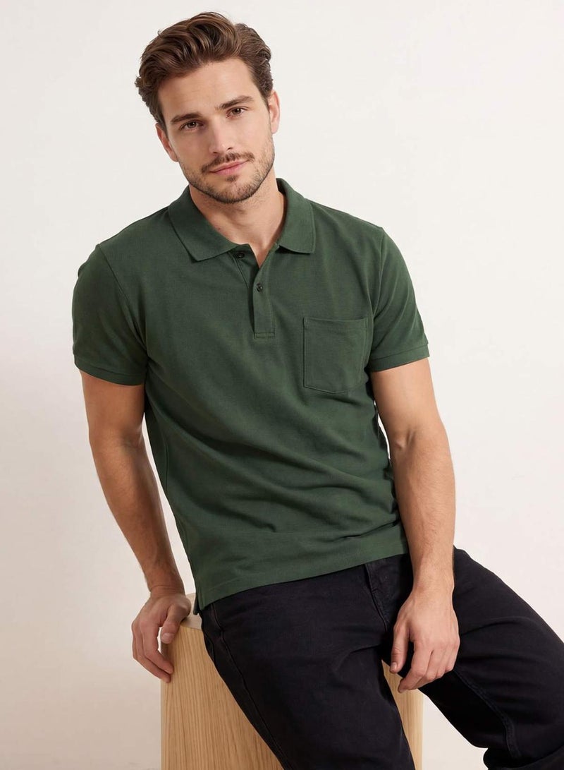 trendyol Khaki Regular/Comfortable 100% Cotton Single Pocket Polo Neck T-Shirt - Image 1