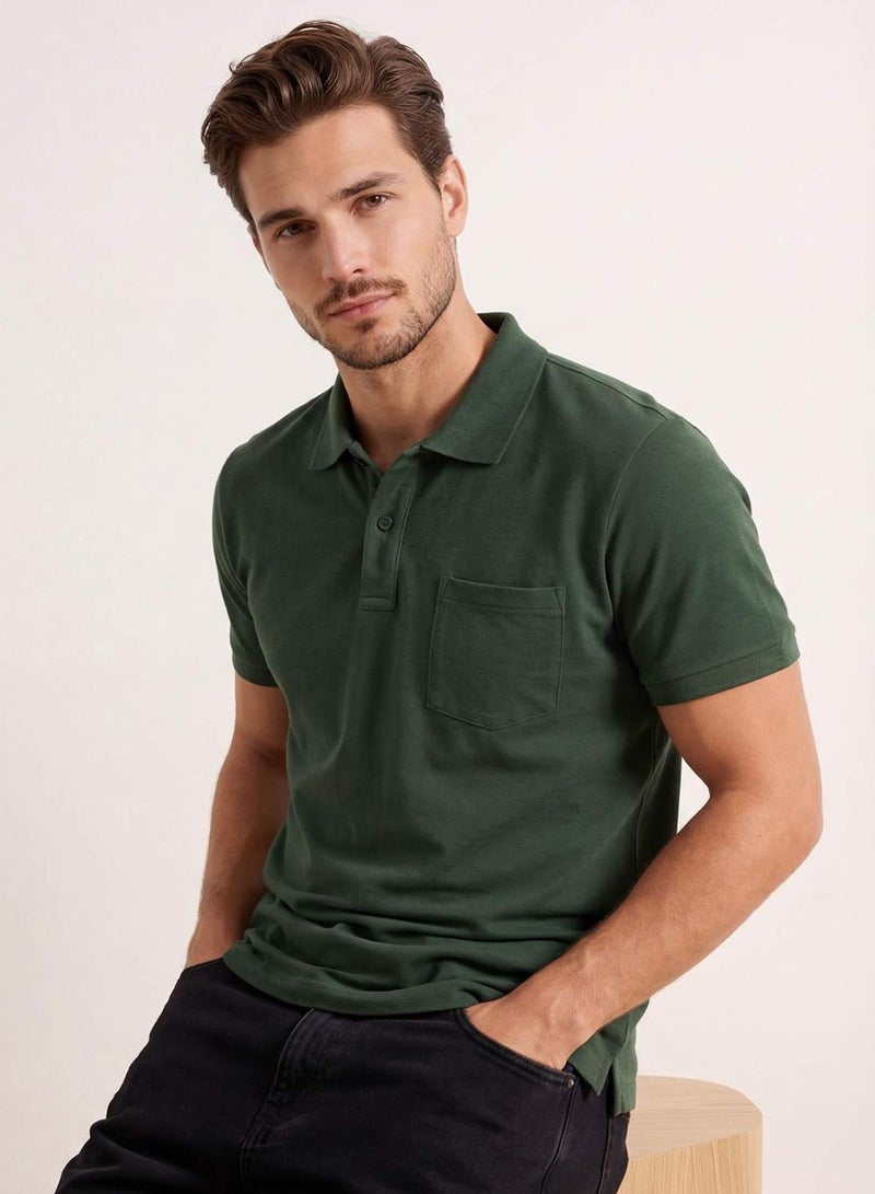trendyol Khaki Regular/Comfortable 100% Cotton Single Pocket Polo Neck T-Shirt - Image 2