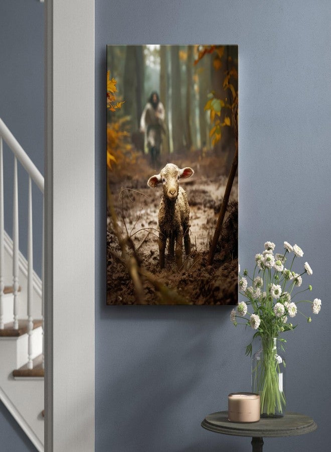 Ploceiny christian gifts for women-men,Religious canvas home decor for prayer room christmas decorations Jesus Running After Lost Lamb Picture Jesus and lamb poster wall decor A-392 (16"X24") - Image 2