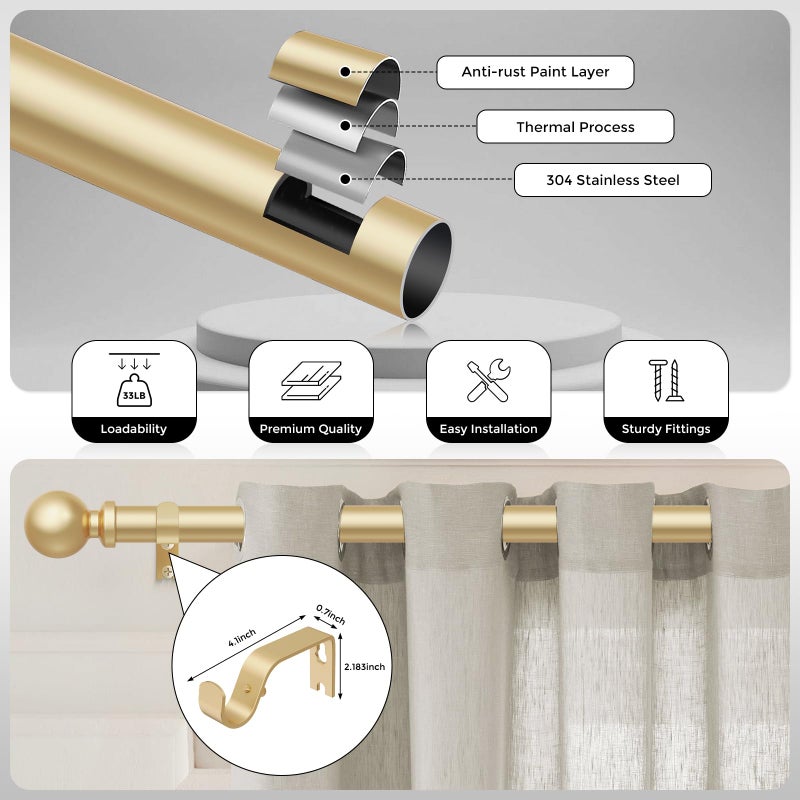 Wolistsa Gold Curtain Rod, 1 Inch Adjustable Heavy Duty Curtain Rods for Windows 48 to 84 Inch, Decorative Modern Window Treatment Rods, Telescopic Splicing Metal Drapery Pole, Easy Installation - Image 5
