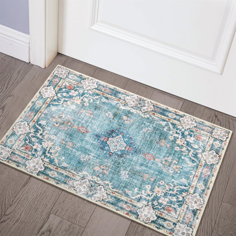 MUJOO Teal Area Rug Small Rugs Boho Machine Washable Rugs Non Slip for Entryway Kitchen Bathroom Bedroom Vintage Soft LowPile 2x3 Blue Flowers Colorful