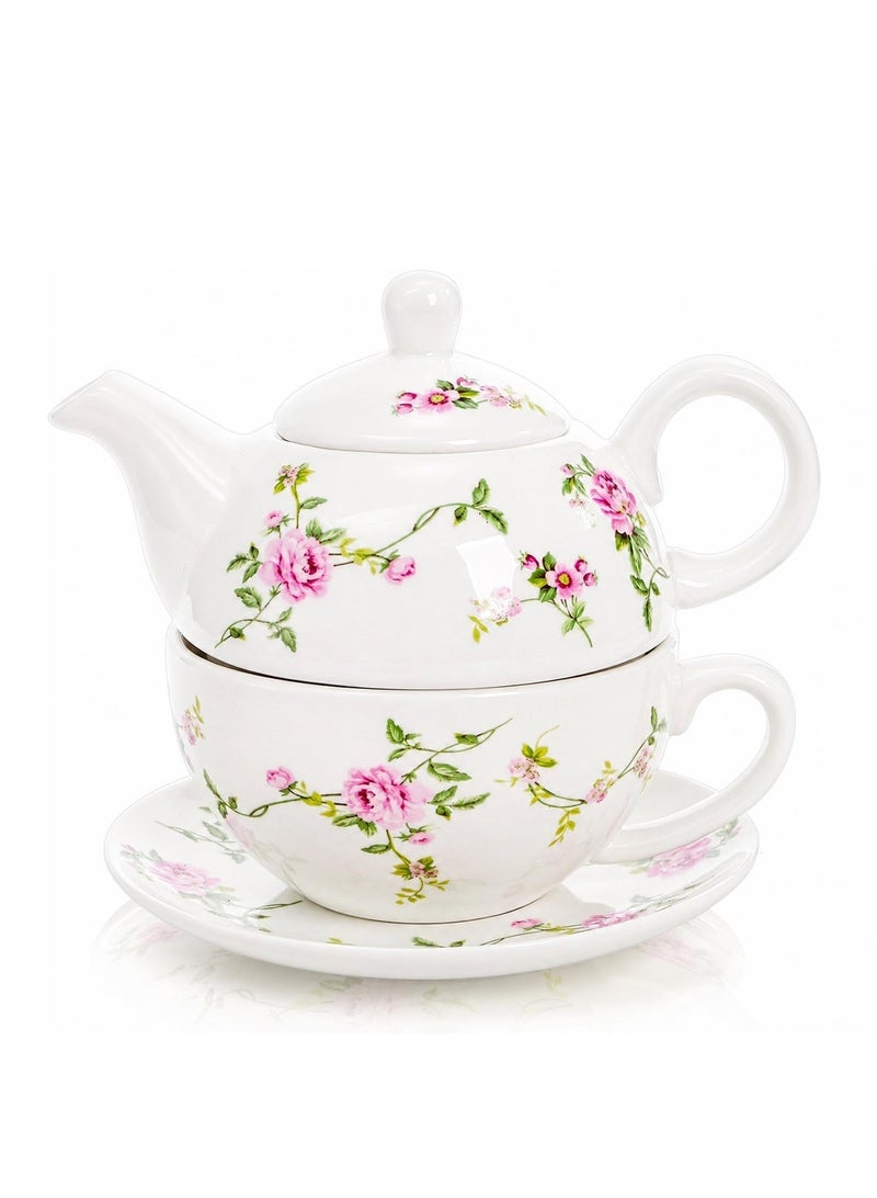 LOOPITYS Tea for One Set, Porcelain Teapot Cup and Saucer Set with Tassel Vintage Floral Ceramic Tea Set for One for Women, Home, Office, Afternoon Tea, Rattan Flower Design - Image 4
