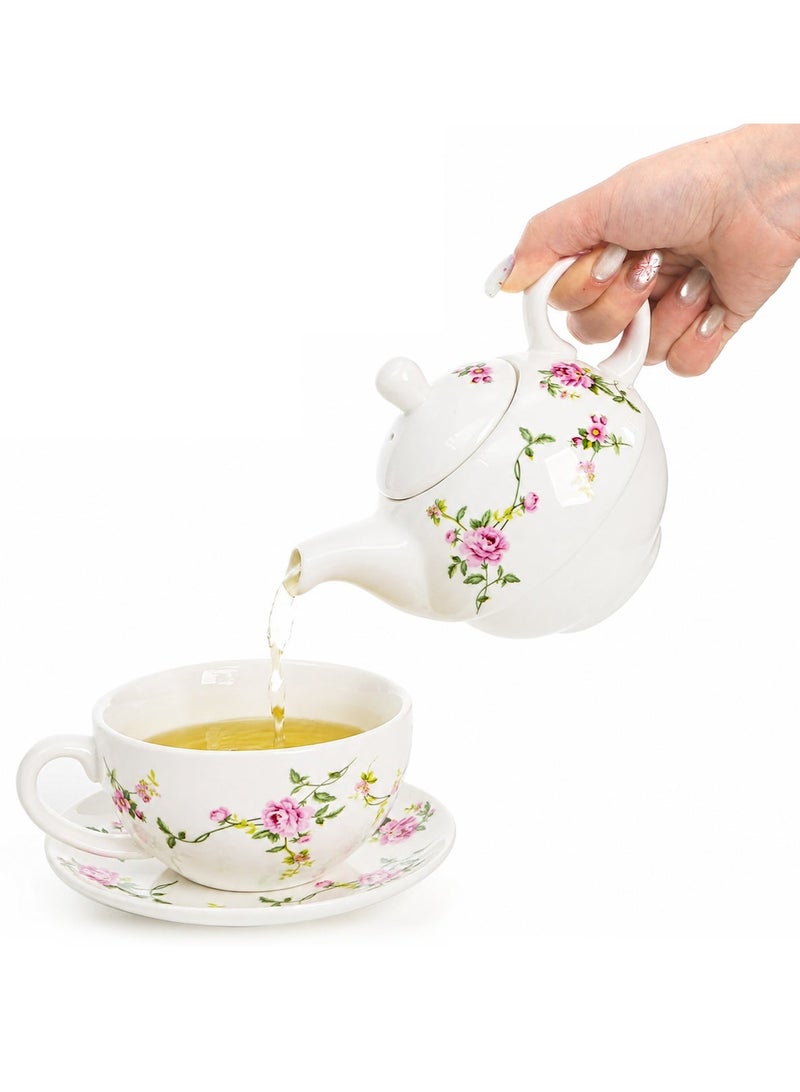 LOOPITYS Tea for One Set, Porcelain Teapot Cup and Saucer Set with Tassel Vintage Floral Ceramic Tea Set for One for Women, Home, Office, Afternoon Tea, Rattan Flower Design - Image 1