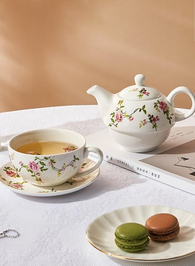 LOOPITYS Tea for One Set, Porcelain Teapot Cup and Saucer Set with Tassel Vintage Floral Ceramic Tea Set for One for Women, Home, Office, Afternoon Tea, Rattan Flower Design - Image 2