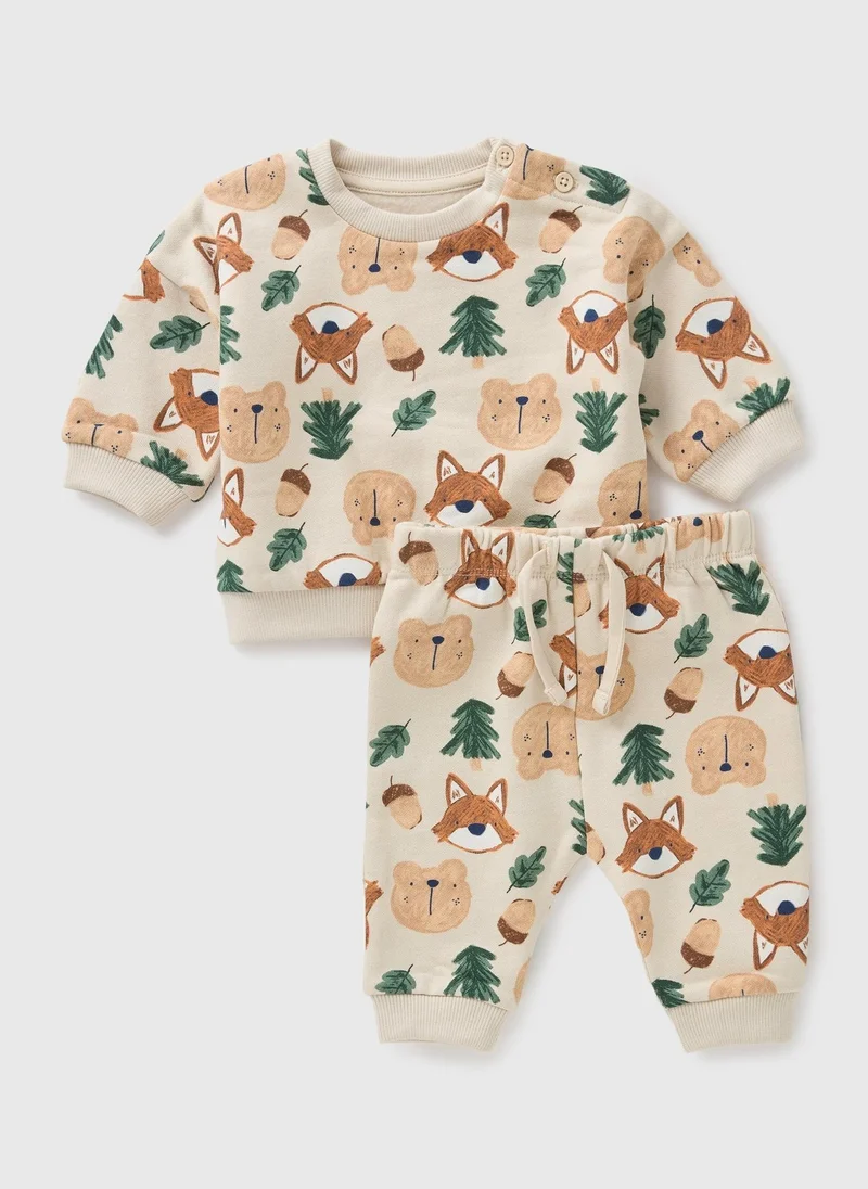 Matalan Baby Beige Animal Forest Sweatshirt & Jogging Bottom Set