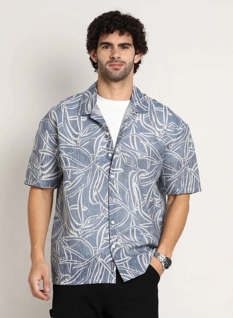 Men's Steel Blue Vine-Lines Resort Oversized Shirt For Casual Wear | Cuban Collar | Short Regular Sleeves | Button Closure | Oversized Shirt Crafted With Comfort Fit For Everyday Wear