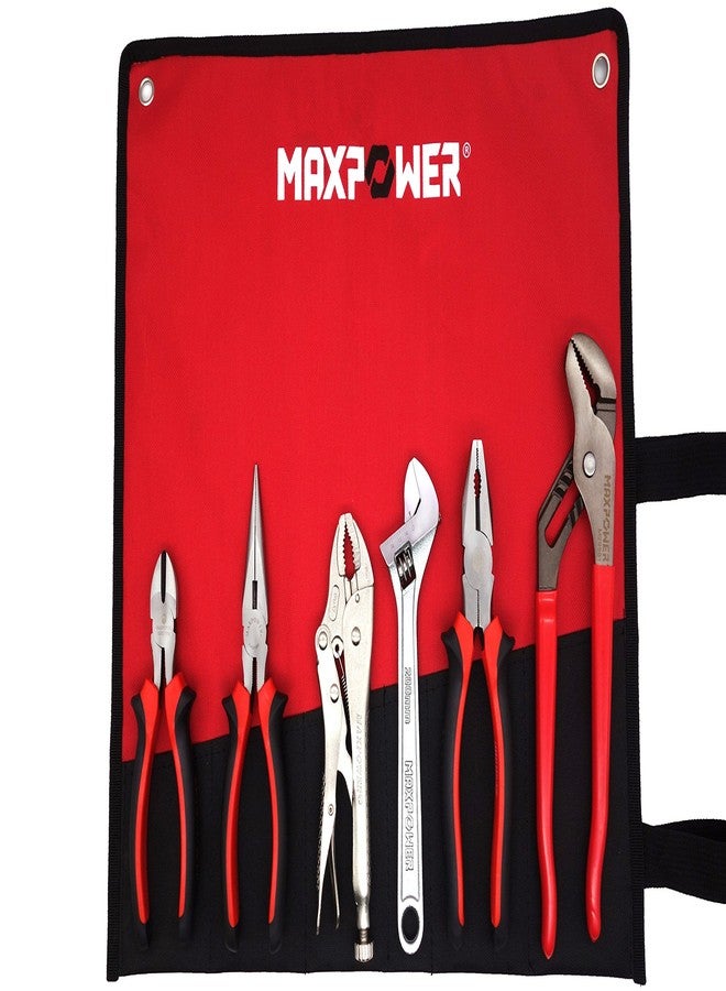 MAXPOWER 6 Pieces Wrench and Pliers Set, Come with Kitbag, Included 8" Long Nose and Lineman's Plier, 8" Adjustable Wrench, 6" Diagonal Cutter, 7" Locking Pliers, 10" Groove Joint Plier - Image 1