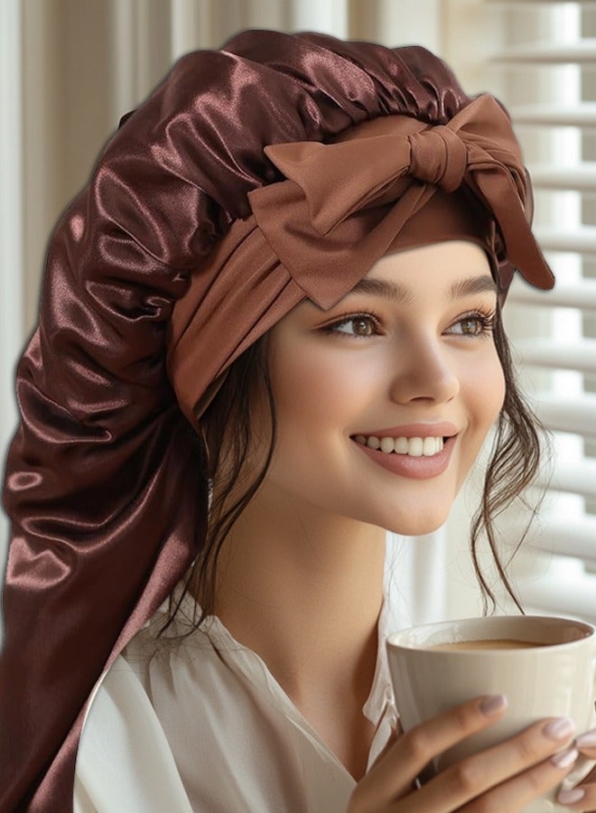 Generic Long Satin Bonnet for Women - Double Layer Elastic Silk Bonnet for Braids Hair Sleeping Cap with Tie Band (Brown)  - Image 4