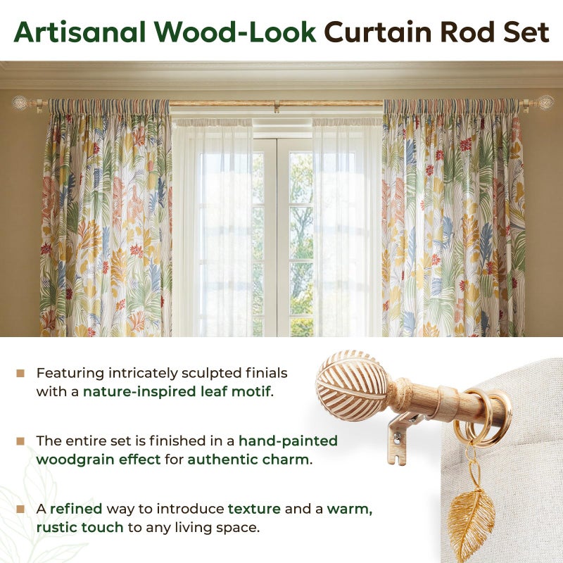 Zeerobee Wood Curtain Rods for Windows 66 to 120, 1 Inch Heavy Duty Drapery Rods with Imitation Wood Grain Leaf Pattern Finials, Indoor/Outdoor Modern Curtain Pole, 32"-120", Brown - Image 3