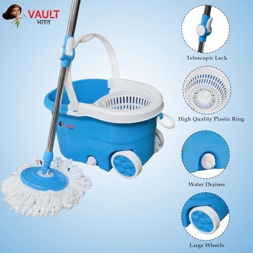 VAULT BHARAT Vault Bharat Premium Mop Bucket for Floor Cleaning 360 Degree Cleaning Spin Mop with Easy Wheels with 4 Refill Model V57V34 Color Blue Warranty 1 Year - Image 3