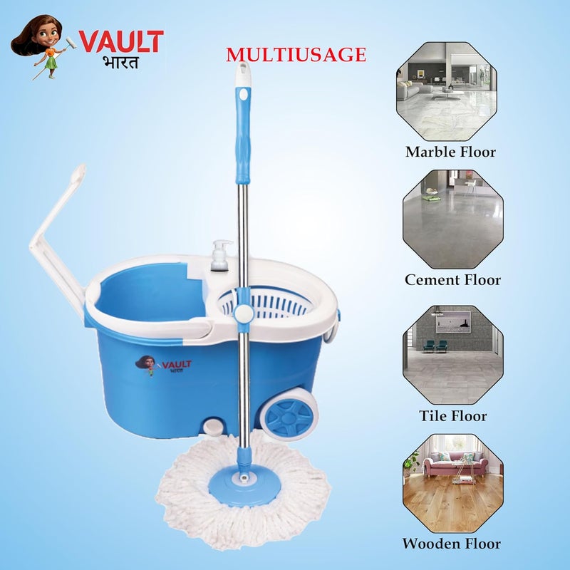 VAULT BHARAT Vault Bharat Premium Mop Bucket for Floor Cleaning 360 Degree Cleaning Spin Mop with Easy Wheels with 4 Refill Model V57V34 Color Blue Warranty 1 Year - Image 2