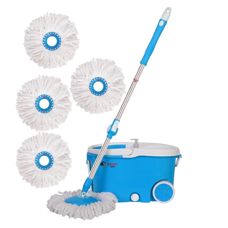 VAULT BHARAT Vault Bharat Premium Mop Bucket for Floor Cleaning 360 Degree Cleaning Spin Mop with Easy Wheels with 4 Refill Model V57V34 Color Blue Warranty 1 Year - Image 1