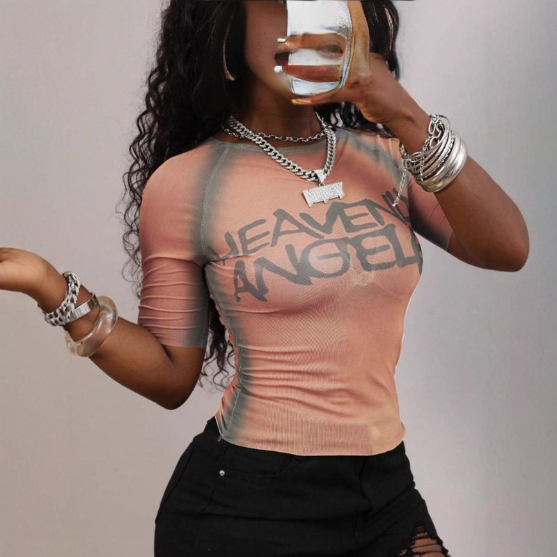 Women's Summer Sheer Mesh Slim Fit Printed Short T-Shirt - Image 2