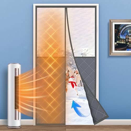LIAMST ستارة باب حرارية معزولة مغناطيسية، تناسب حجم الباب 34" × 82"، فتح في المنتصف، قماش أكسفورد متين وألياف بوليستر سميكة، قاعدة مثقلة، ستائر باب حرارية مؤقتة - Image 1