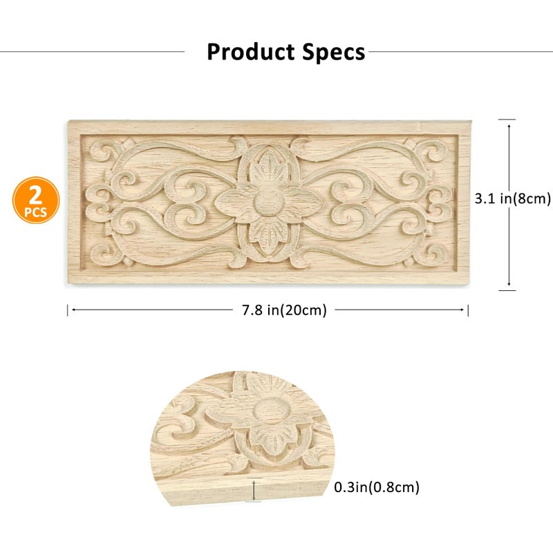 Aiminjey 2 Pcs Decorative Wood Flower Carved Appliques Onlays Decals, 3.1 x 7.8 Inch Unpainted Solid Wooden Square Carving Decal Trim for Furniture Cabinet Closet Decoration - Image 2