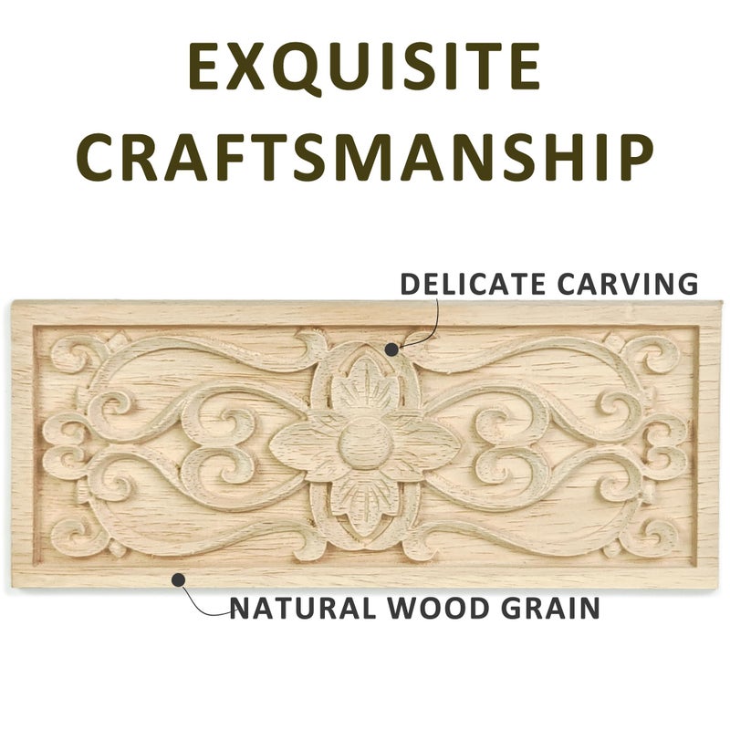 Aiminjey 2 Pcs Decorative Wood Flower Carved Appliques Onlays Decals, 3.1 x 7.8 Inch Unpainted Solid Wooden Square Carving Decal Trim for Furniture Cabinet Closet Decoration - Image 3