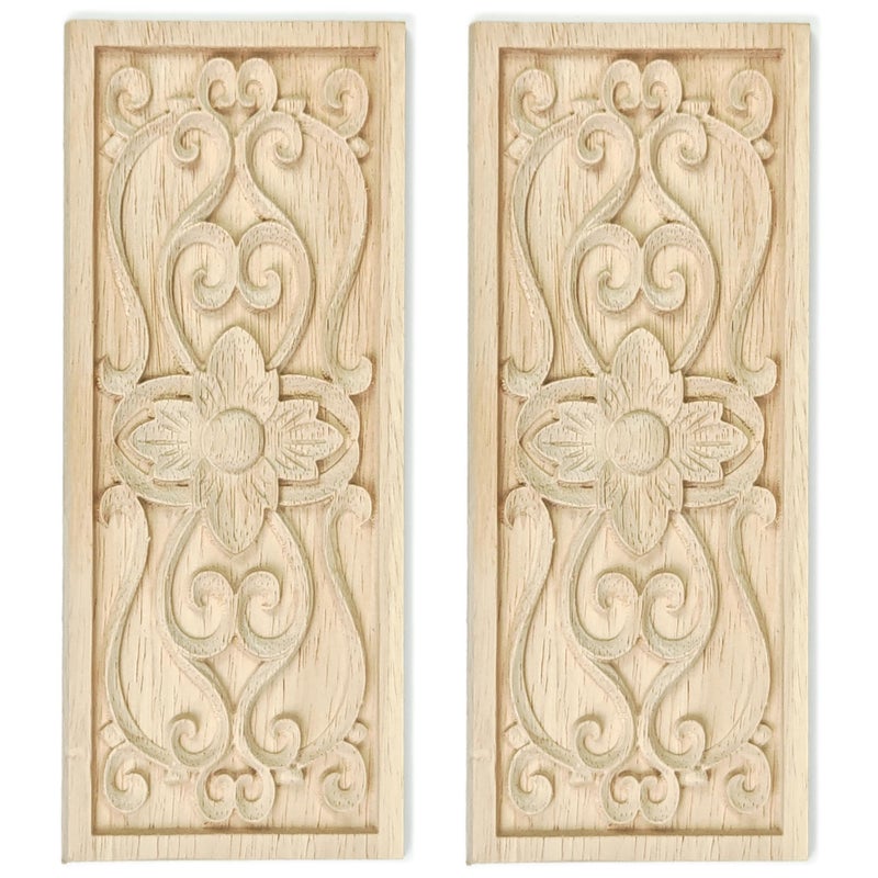 Aiminjey 2 Pcs Decorative Wood Flower Carved Appliques Onlays Decals, 3.1 x 7.8 Inch Unpainted Solid Wooden Square Carving Decal Trim for Furniture Cabinet Closet Decoration - Image 1