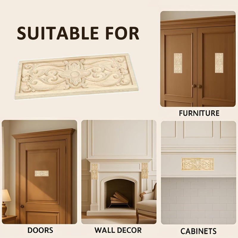 Aiminjey 2 Pcs Decorative Wood Flower Carved Appliques Onlays Decals, 3.1 x 7.8 Inch Unpainted Solid Wooden Square Carving Decal Trim for Furniture Cabinet Closet Decoration - Image 5