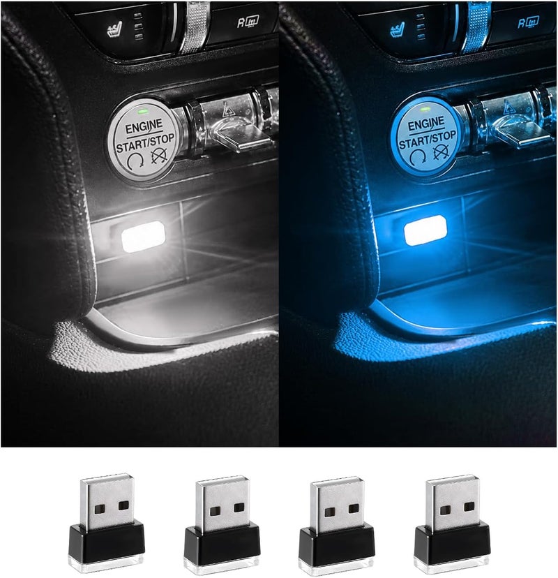 Augeny 4 PCS USB LED Car Interior Atmosphere Lamp, Plug-in USB Decor Night Light, Portable Auto Ambient Lighting Kit, Universal Vehicle Interior Accessories for Most Cars (White & Ice Blue) - Image 1
