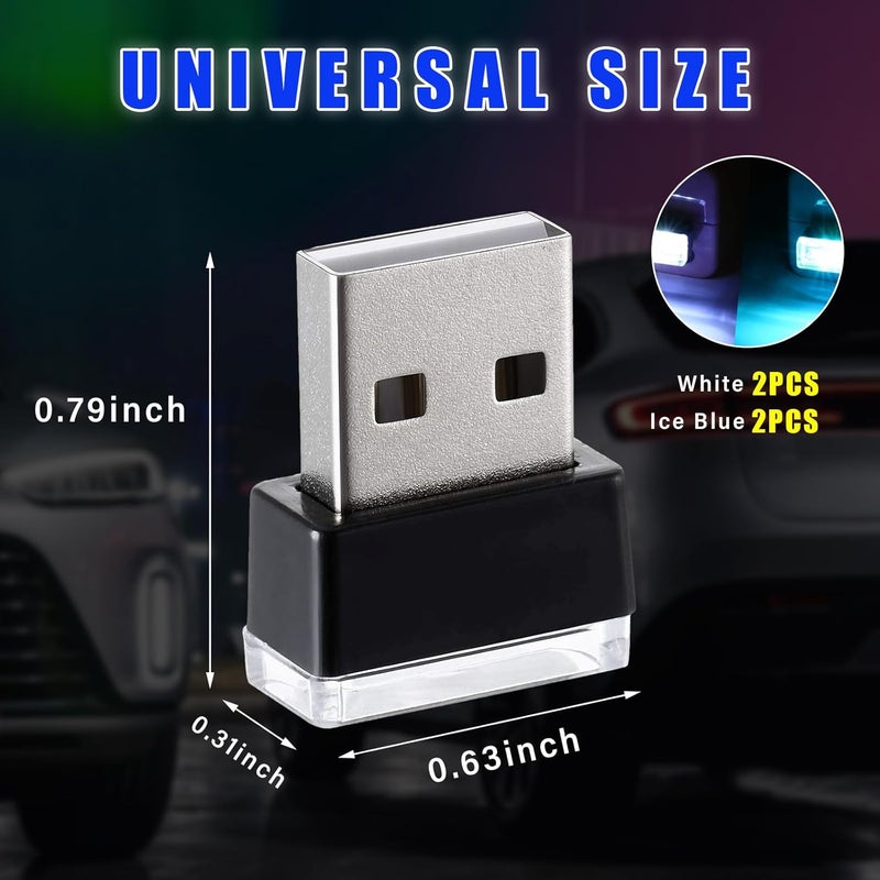 Augeny 4 PCS USB LED Car Interior Atmosphere Lamp, Plug-in USB Decor Night Light, Portable Auto Ambient Lighting Kit, Universal Vehicle Interior Accessories for Most Cars (White & Ice Blue) - Image 2