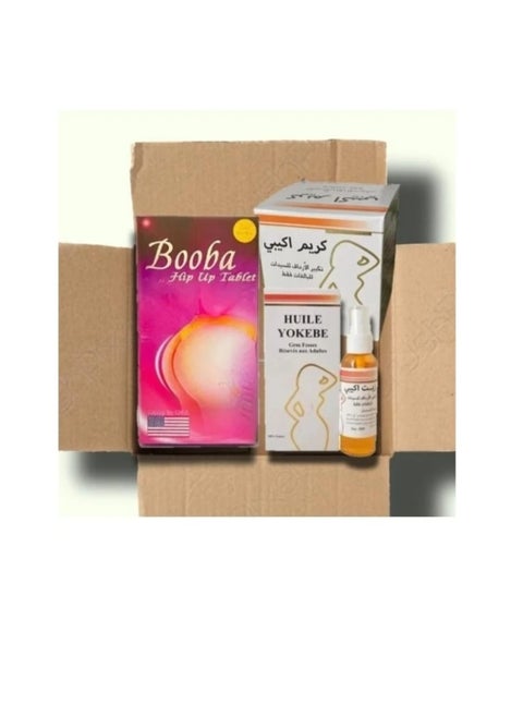 Set of 3 pieces of American Buba pills, Akibe oil and Akibe cream. Increase size without surgery, reduce belly fat and enhance appearance. Daily use.