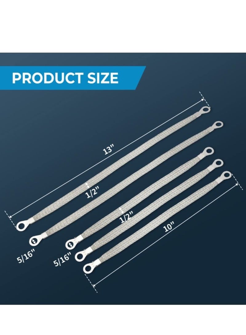 كابتن تيك Universal Flat Braided Copper Ground Strap,Professional Vehicle Grounding Cable Straps with Terminals Plugs,Tinplate Silver Color Automotive Engine Copper Ground Strap for Most Cars(5 PCS) - Image 3