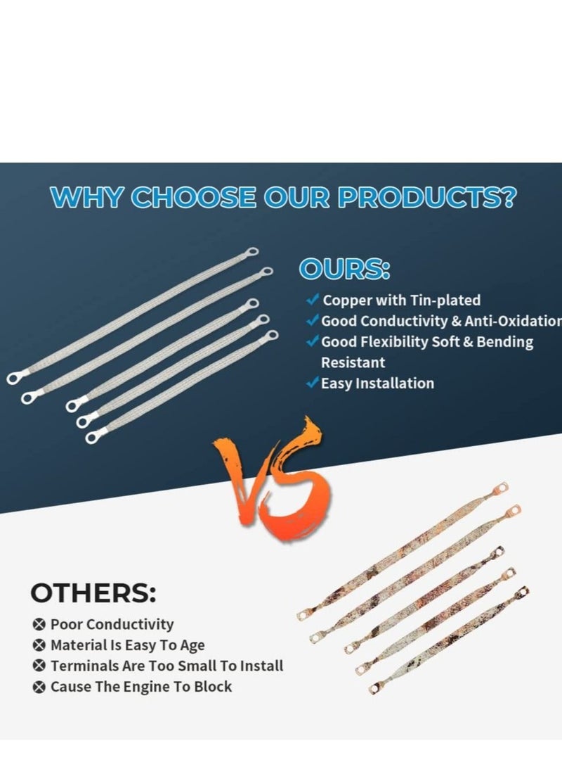 كابتن تيك Universal Flat Braided Copper Ground Strap,Professional Vehicle Grounding Cable Straps with Terminals Plugs,Tinplate Silver Color Automotive Engine Copper Ground Strap for Most Cars(5 PCS) - Image 5