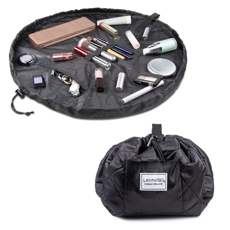 Lay-n-Go Cosmo Layflat Cosmetic & Makeup Bag Organizer - Portable Drawstring Bag w/Zipper Pocket, Brush Storage Loops & More - Durable, Machine Washable Toiletry Bag for Travel (22", Black) - Image 1