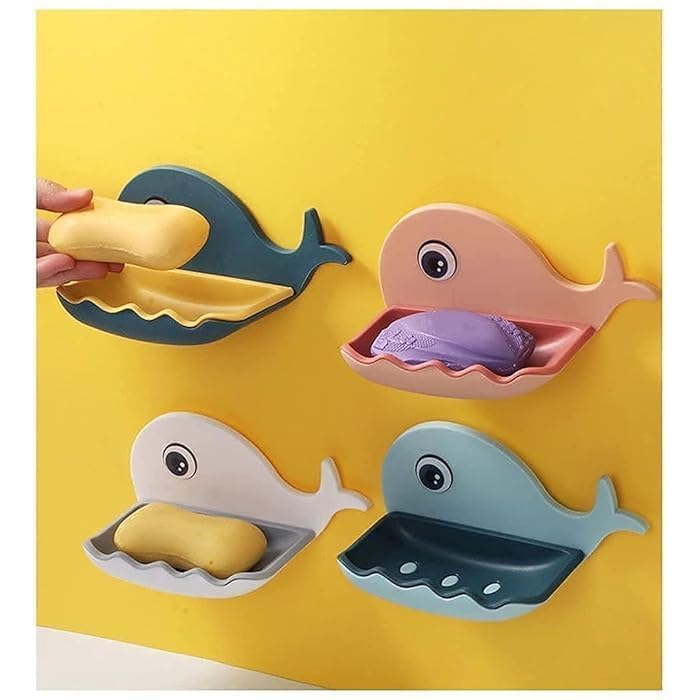 AJKN Wall-Mounted Soap Dish Holder with Magic Stickers - Fish Design Soap Stand for Bathroom & Kitchen Sink - No-Drill, Water-Drain Tray (Multicolor, Pack of 2) - Image 2